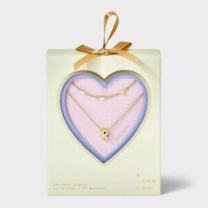 A New Day Layered Initial “R” Necklace Set 14k Gold Dipped Heart Charm 16/18”NWT